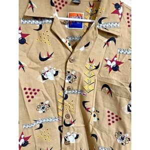 Dem Crazy Hawaiian Camp Shirt Men's 2XL All Over Print Bowling Theme Brown